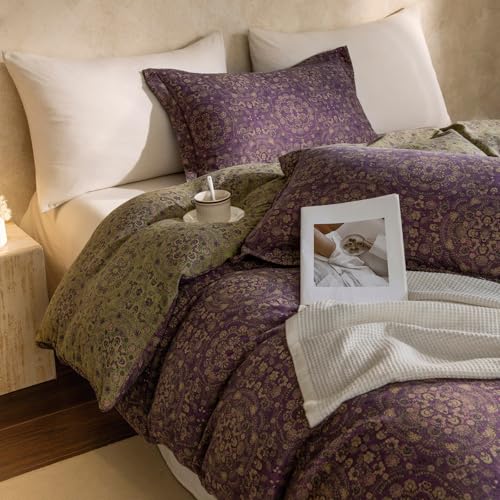 mixinni Purple Green Floral Duvet Cover King Size, Elegant Double-Layer Yarn Premium Cotton Vintage Duvet Cover Set, Exquisite Jacquard Design Bedding Set with 2 Pillowcases Perfect for Him and Her - Image 2