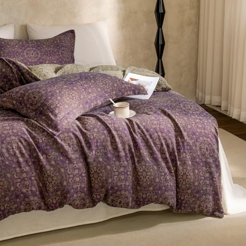 mixinni Purple Green Floral Duvet Cover King Size, Elegant Double-Layer Yarn Premium Cotton Vintage Duvet Cover Set, Exquisite Jacquard Design Bedding Set with 2 Pillowcases Perfect for Him and Her - Image 4