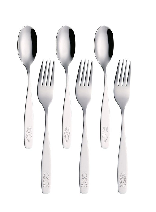 Exzact Children Flatware 6pcs - 3 x Forks, 3 x Spoons - Toddler Utensil Kids Silverware Cutlery Stainless Steel - Dishwasher Safe - Image 1