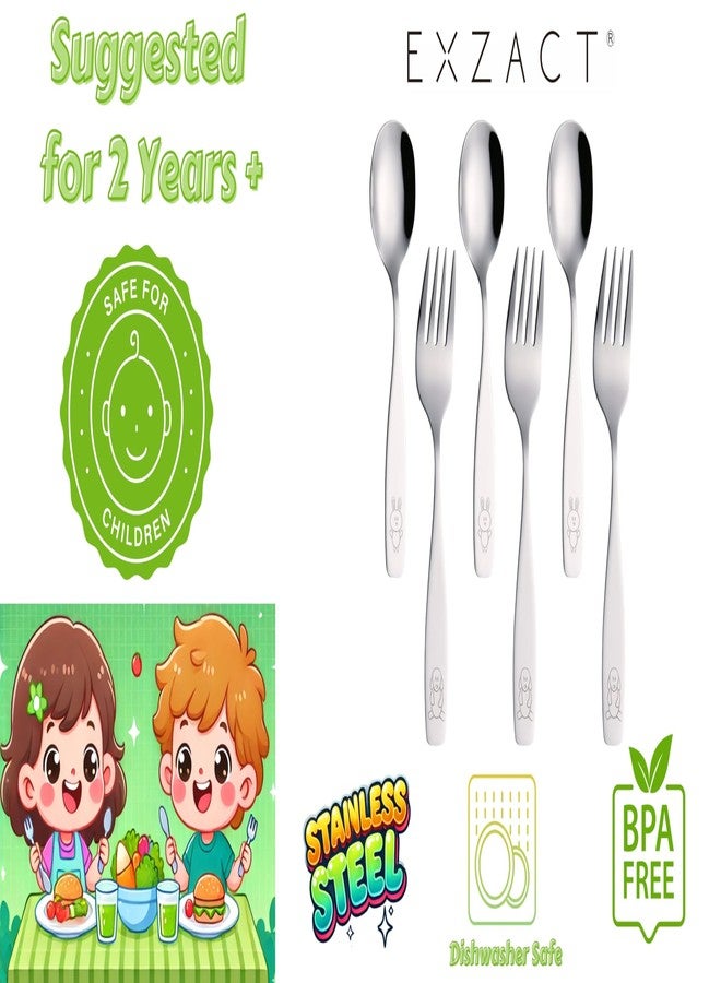 Exzact Children Flatware 6pcs - 3 x Forks, 3 x Spoons - Toddler Utensil Kids Silverware Cutlery Stainless Steel - Dishwasher Safe - Image 4