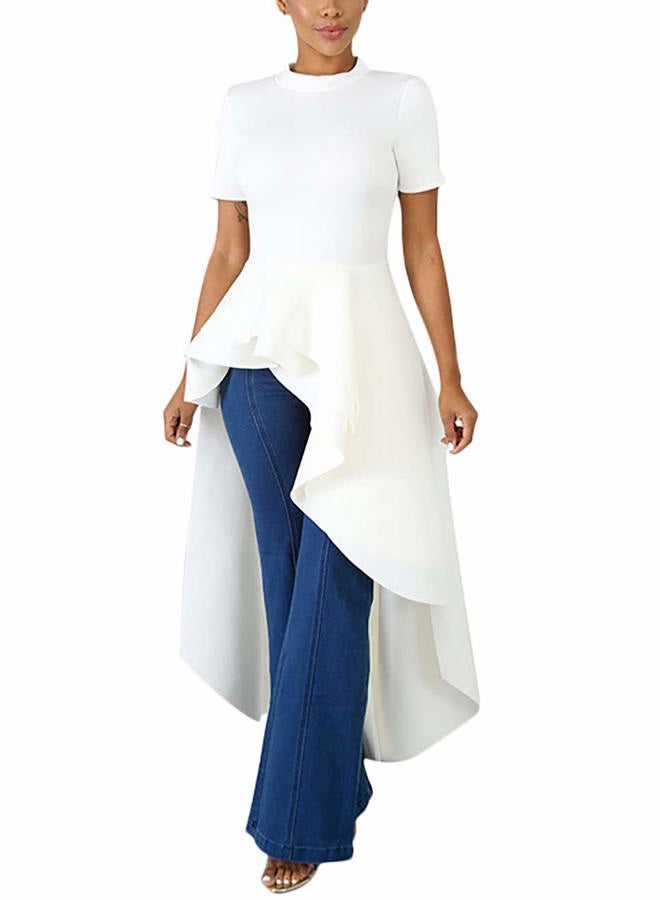 Lrady Womens Casual Shirt Dress High Low Irregular Ruffle Hem Blouse Asymmetrical Peplum Long Tunic Tops, White, XL - Image 1