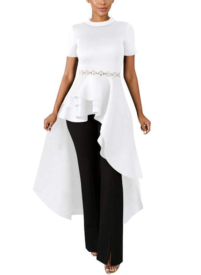 Lrady Womens Casual Shirt Dress High Low Irregular Ruffle Hem Blouse Asymmetrical Peplum Long Tunic Tops, White, XL - Image 3
