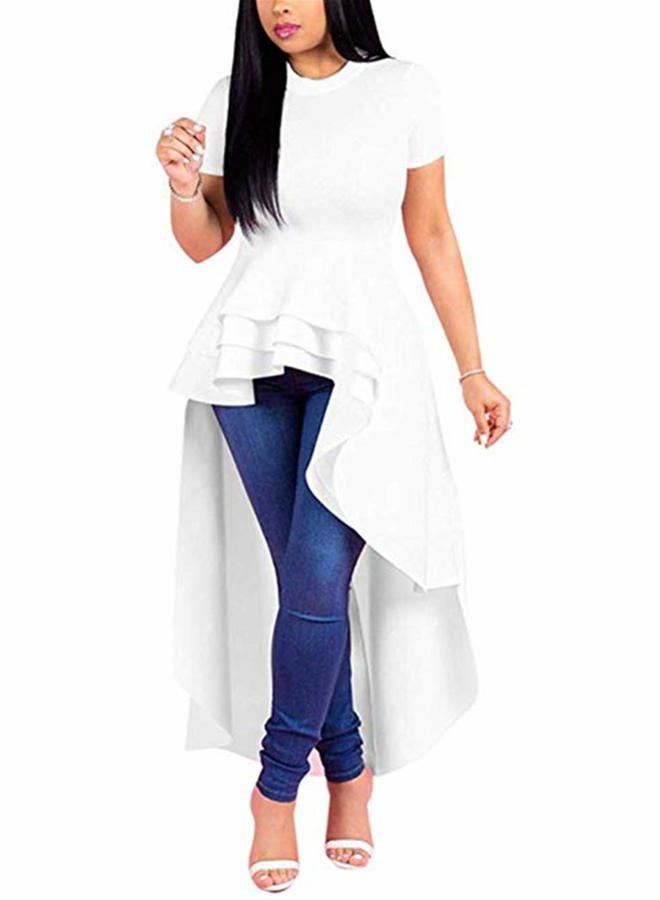 Lrady Womens Casual Shirt Dress High Low Irregular Ruffle Hem Blouse Asymmetrical Peplum Long Tunic Tops, White, XL - Image 5