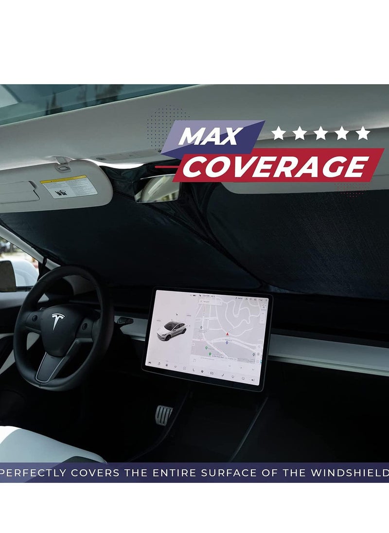 ECVV ECVV Windshield Sunshade Fit for Tesla Model 3 Model Y Front Car Window Sun Shade Cover, Foldable Sun Visor Protector Blocking UV Rays Heat, Panda Eyes Design for Tesla Accessories  - Image 2