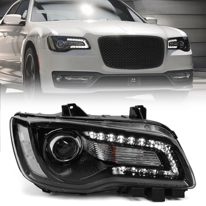 Huray Right Halogen Headlight Assembly Fit for Chrysler 300300C 2015 2016 2017 2018 RH OE Factory Projector Headlamp wLED DRL Replacement for CH2503269 68214382AD Passenger Side Black Housing