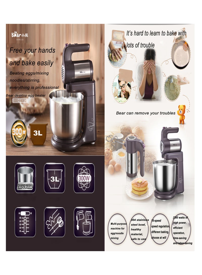 Bear Electric Stand Mixer with Stainless Steel Bowl 300W 3L Handheld Mixer 10 Speed Egg Beater Dough Cream Maker Machine For Kitchen Home - Image 5