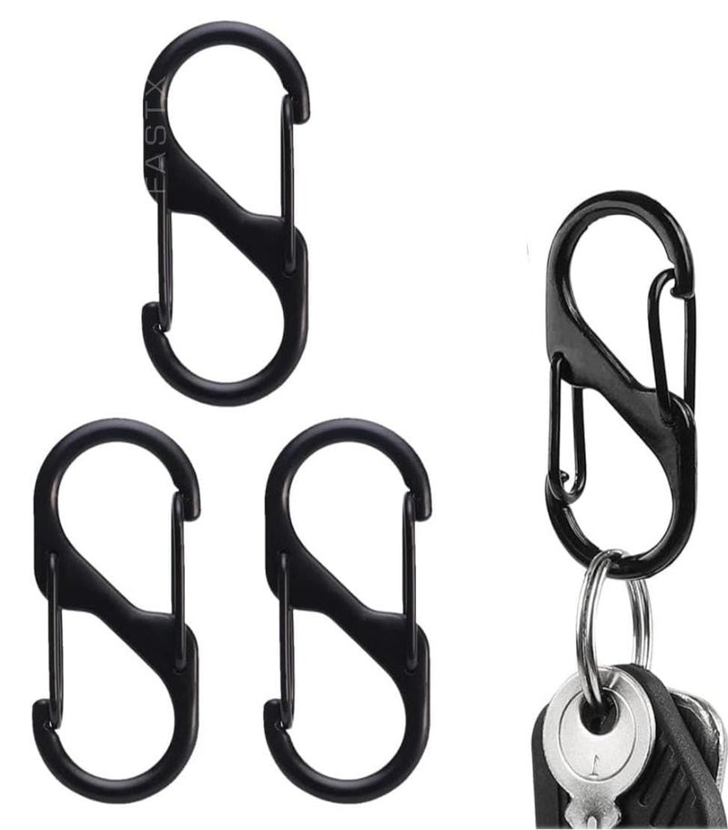 FASTX ® 4pc Black S Shape Carabiner Clip Dual Hooks 50 mm Keychain Snap Hook Storage Backpack Zipper Buckle Tool Connector Hiking Fishing Travel Release Lock Clip Metal Keyring Suitcase Converter - Image 1