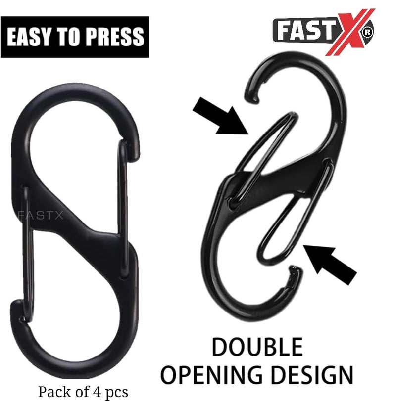 FASTX ® 4pc Black S Shape Carabiner Clip Dual Hooks 50 mm Keychain Snap Hook Storage Backpack Zipper Buckle Tool Connector Hiking Fishing Travel Release Lock Clip Metal Keyring Suitcase Converter - Image 2