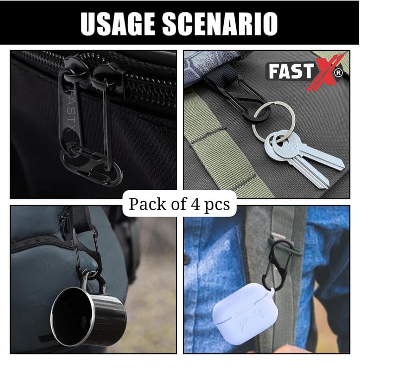 FASTX ® 4pc Black S Shape Carabiner Clip Dual Hooks 50 mm Keychain Snap Hook Storage Backpack Zipper Buckle Tool Connector Hiking Fishing Travel Release Lock Clip Metal Keyring Suitcase Converter - Image 3
