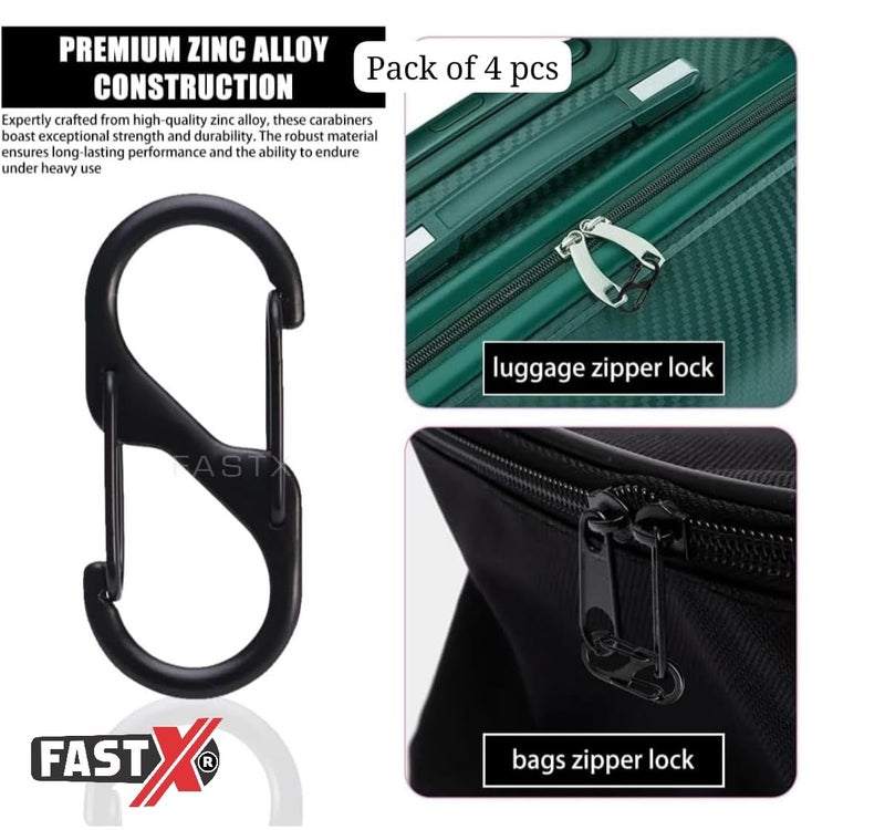 FASTX ® 4pc Black S Shape Carabiner Clip Dual Hooks 50 mm Keychain Snap Hook Storage Backpack Zipper Buckle Tool Connector Hiking Fishing Travel Release Lock Clip Metal Keyring Suitcase Converter - Image 5