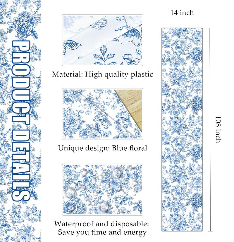 MUNILAIL 6 PCS Blue Floral Table Runner 14 x 108 Plastic Flower Table Runner for Party Birthday Baby Shower Bridal Shower Wedding Disposable Table Runners - Image 3