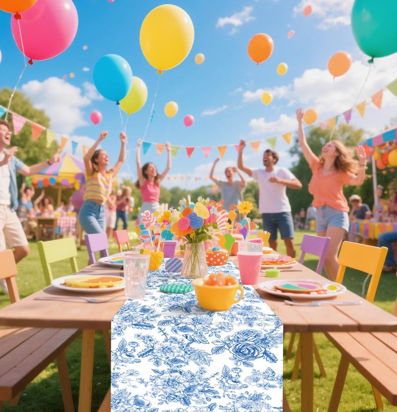 MUNILAIL 6 PCS Blue Floral Table Runner 14 x 108 Plastic Flower Table Runner for Party Birthday Baby Shower Bridal Shower Wedding Disposable Table Runners - Image 4