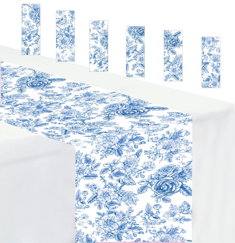 MUNILAIL 6 PCS Blue Floral Table Runner 14 x 108 Plastic Flower Table Runner for Party Birthday Baby Shower Bridal Shower Wedding Disposable Table Runners - Image 1