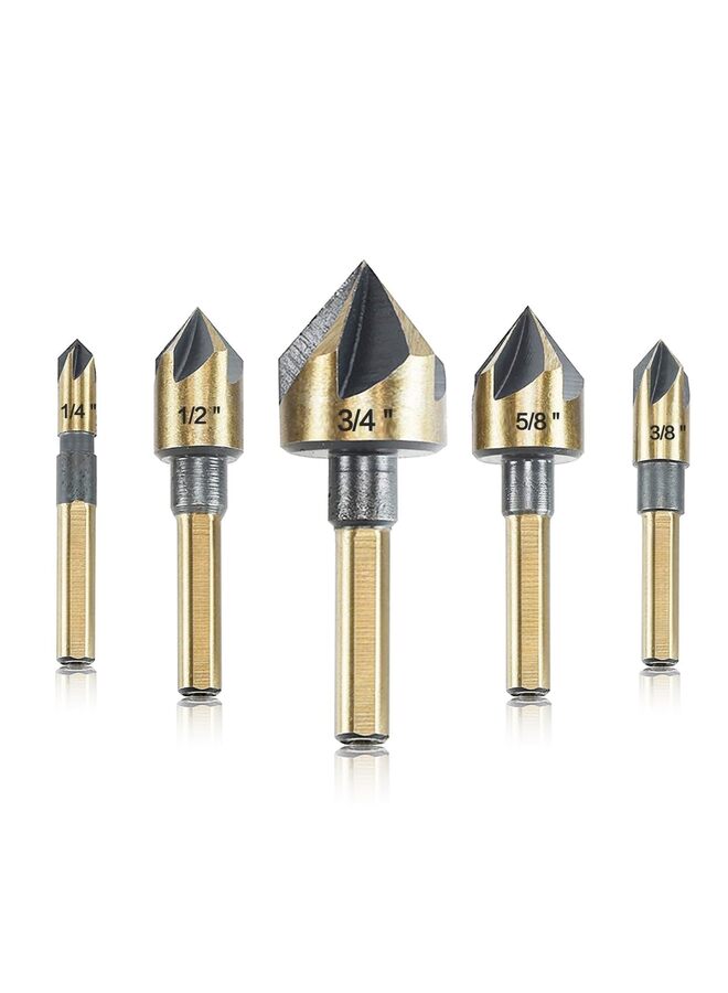Countersink Drill Bit Set, 5 Pieces High Speed Steel 82 Degree 5 Flute 6mm Round Shank Mill Cutter Bit Countersink in Sizes 1/4 3/8 1/2 5/8 3/4 Set with Carrying Case - Image 1