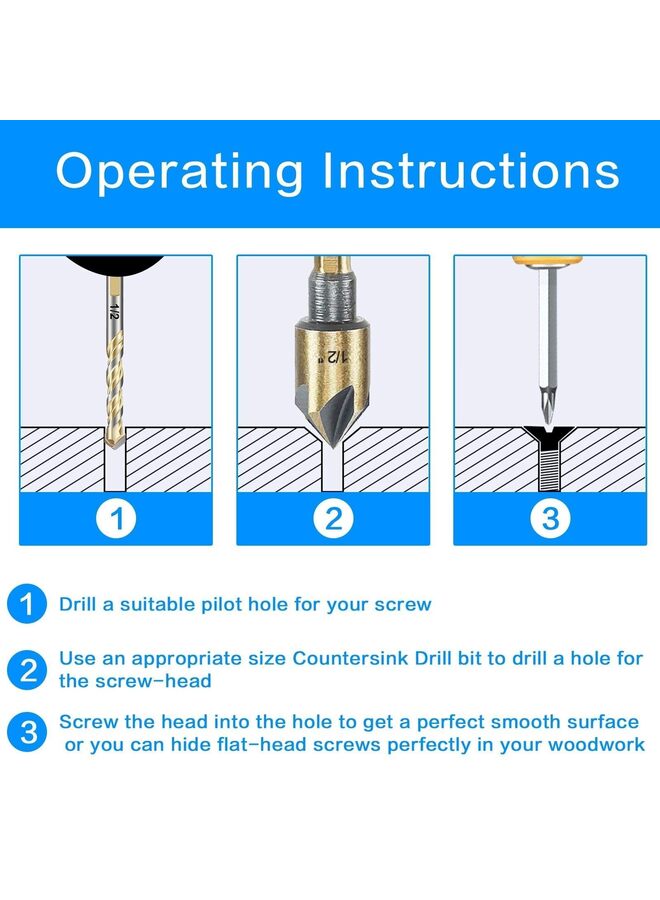 Countersink Drill Bit Set, 5 Pieces High Speed Steel 82 Degree 5 Flute 6mm Round Shank Mill Cutter Bit Countersink in Sizes 1/4 3/8 1/2 5/8 3/4 Set with Carrying Case - Image 2