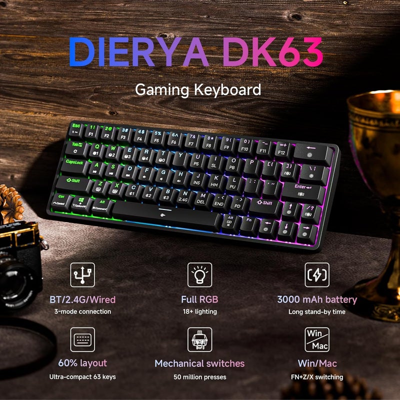 DIERYA DK63 60% Wireless Mechanical Gaming Keyboard Bluetooth/2.4G/Wired RGB Backlit Anti-Ghosting Compact 63-Keys Mini Keyboard with Blue Switch for Windows Laptop PC Gamer Typist-Black - Image 2