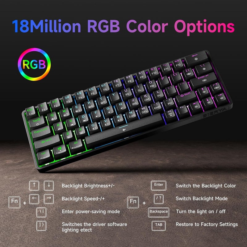 DIERYA DK63 60% Wireless Mechanical Gaming Keyboard Bluetooth/2.4G/Wired RGB Backlit Anti-Ghosting Compact 63-Keys Mini Keyboard with Blue Switch for Windows Laptop PC Gamer Typist-Black - Image 4