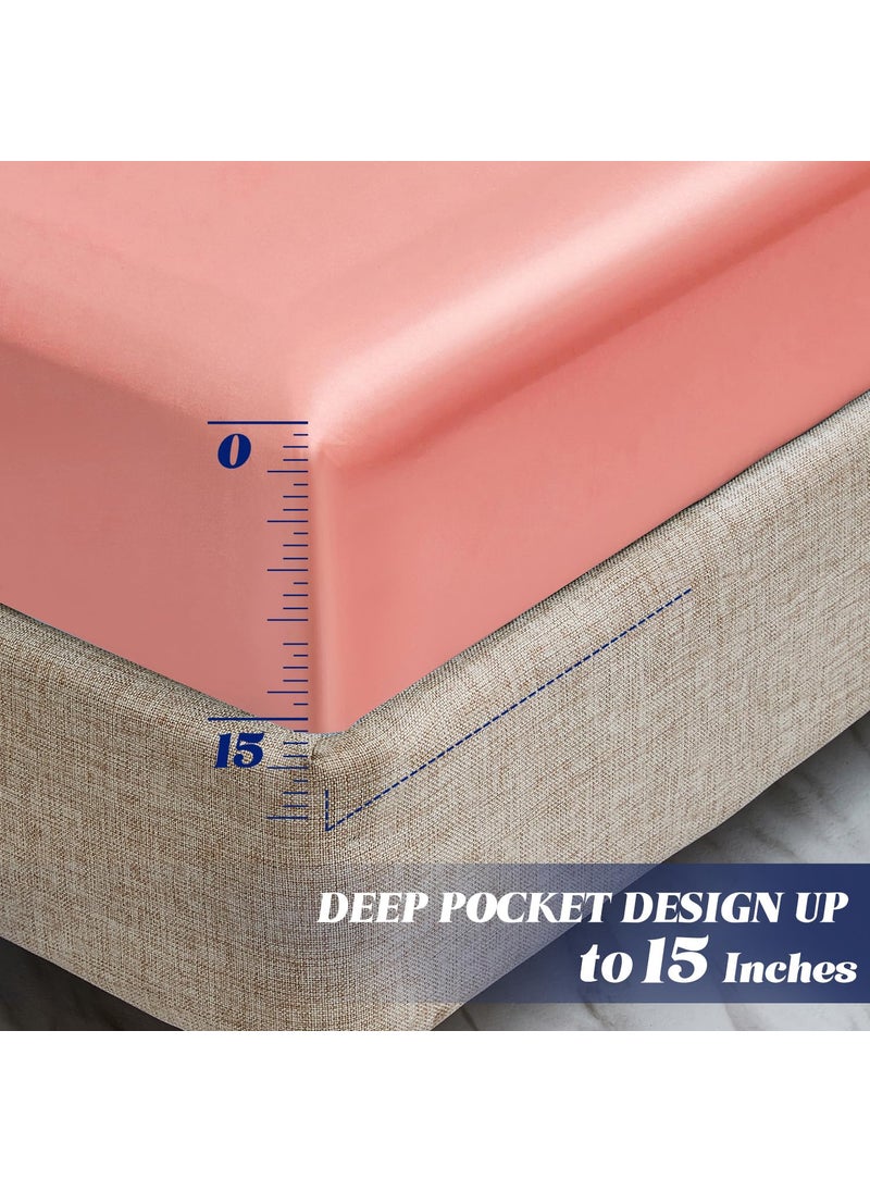 MR&HM Satin Fitted Sheet King Size  Silky Bottom Sheet with Elastic Corner Straps  Deep Pocket up to 15 Inch  No More Slipping Off for Mattress - 1 Fitted Sheet Only (Blush)