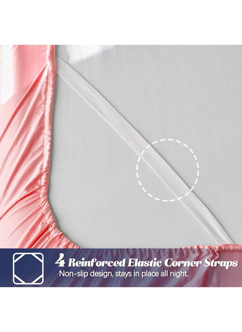 MR&HM Satin Fitted Sheet King Size  Silky Bottom Sheet with Elastic Corner Straps  Deep Pocket up to 15 Inch  No More Slipping Off for Mattress - 1 Fitted Sheet Only (Blush)