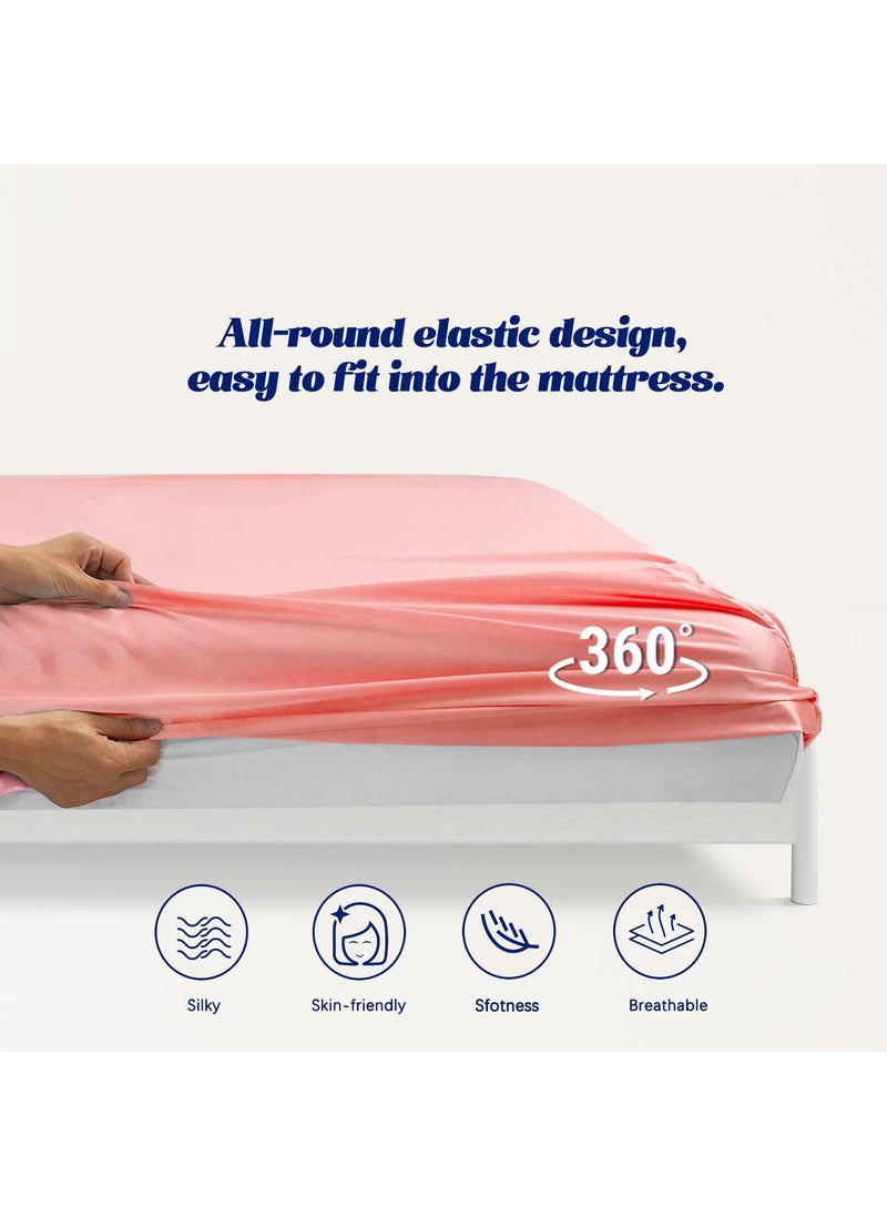 MR&HM Satin Fitted Sheet King Size  Silky Bottom Sheet with Elastic Corner Straps  Deep Pocket up to 15 Inch  No More Slipping Off for Mattress - 1 Fitted Sheet Only (Blush)