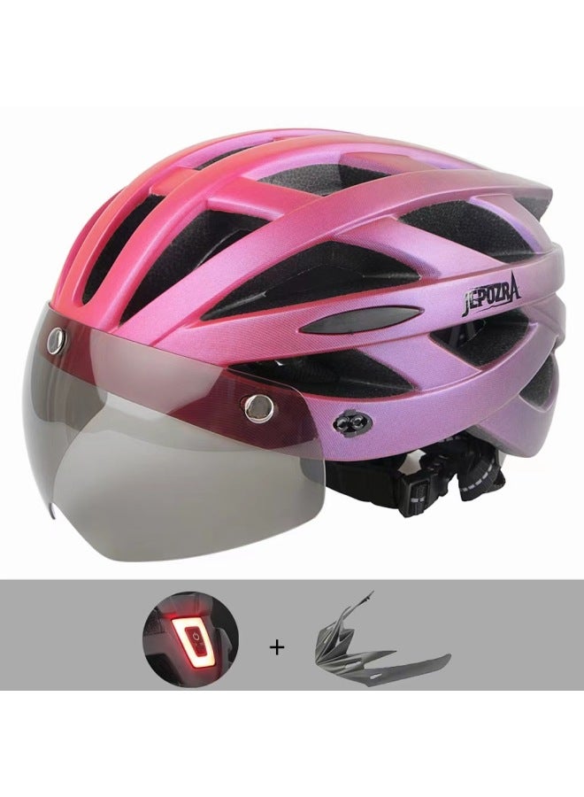 Jepozra Adult Goggles Riding Helmet with Gradient Red Charging Warning Light - Mountain Cross-Country & Electric Vehicle Safety Helmet