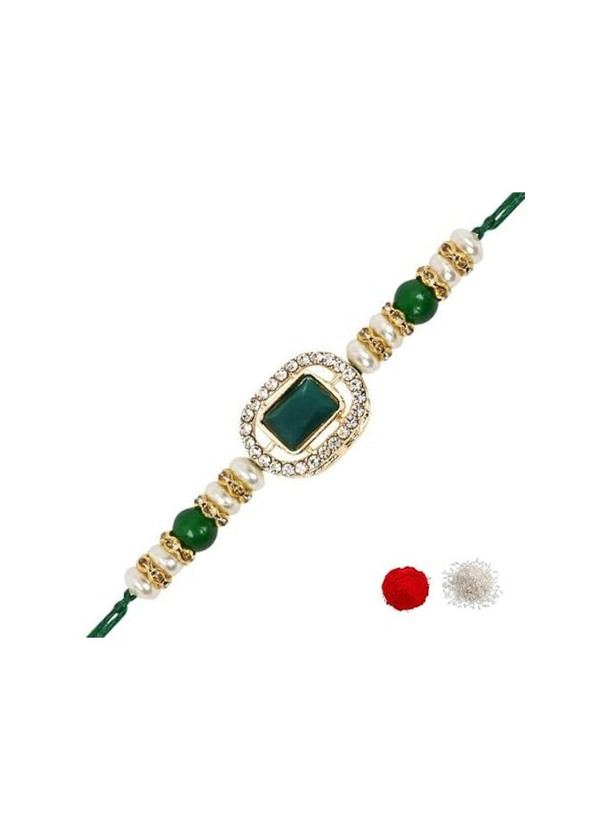 I Jewels Designer Kundan Pearl Bhaiya Rakhi With Roli Chawal & Rakshabandhan Card for Brother/Bro/Bhai/Men
