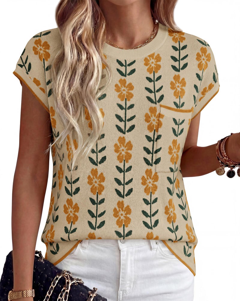 KIRUNDO Spring Summer Short Sleeve Sweater for Women 2026 Casual Sweater Vest Cotton Knit Pullover Tank Tops Fashion Clothing(Apricot Yellow Flower, Medium) - Image 1
