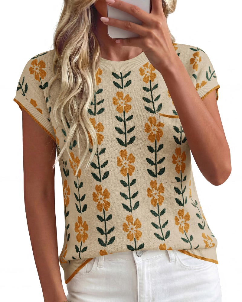 KIRUNDO Spring Summer Short Sleeve Sweater for Women 2026 Casual Sweater Vest Cotton Knit Pullover Tank Tops Fashion Clothing(Apricot Yellow Flower, Medium) - Image 4