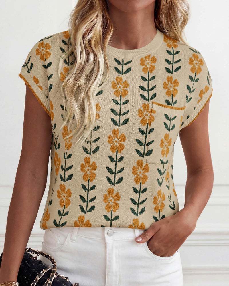 KIRUNDO Spring Summer Short Sleeve Sweater for Women 2026 Casual Sweater Vest Cotton Knit Pullover Tank Tops Fashion Clothing(Apricot Yellow Flower, Medium) - Image 5