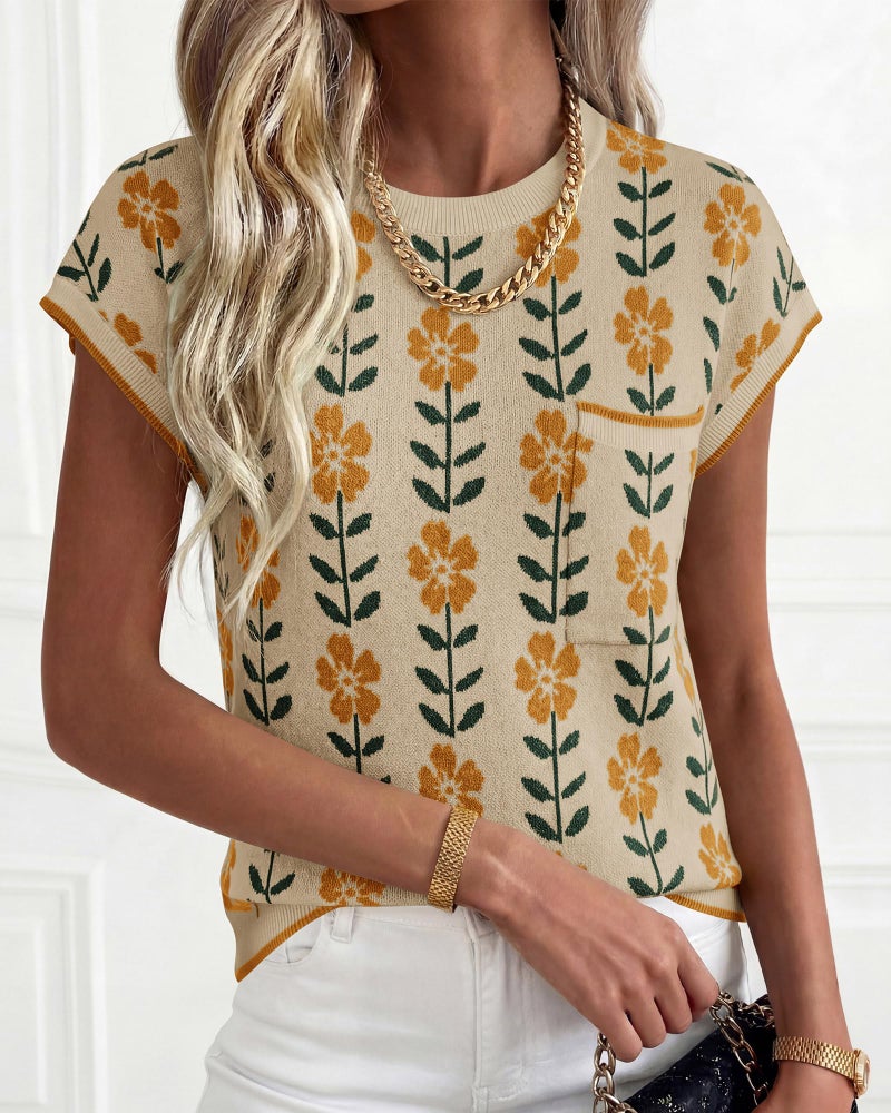 KIRUNDO Spring Summer Short Sleeve Sweater for Women 2026 Casual Sweater Vest Cotton Knit Pullover Tank Tops Fashion Clothing(Apricot Yellow Flower, Medium) - Image 2