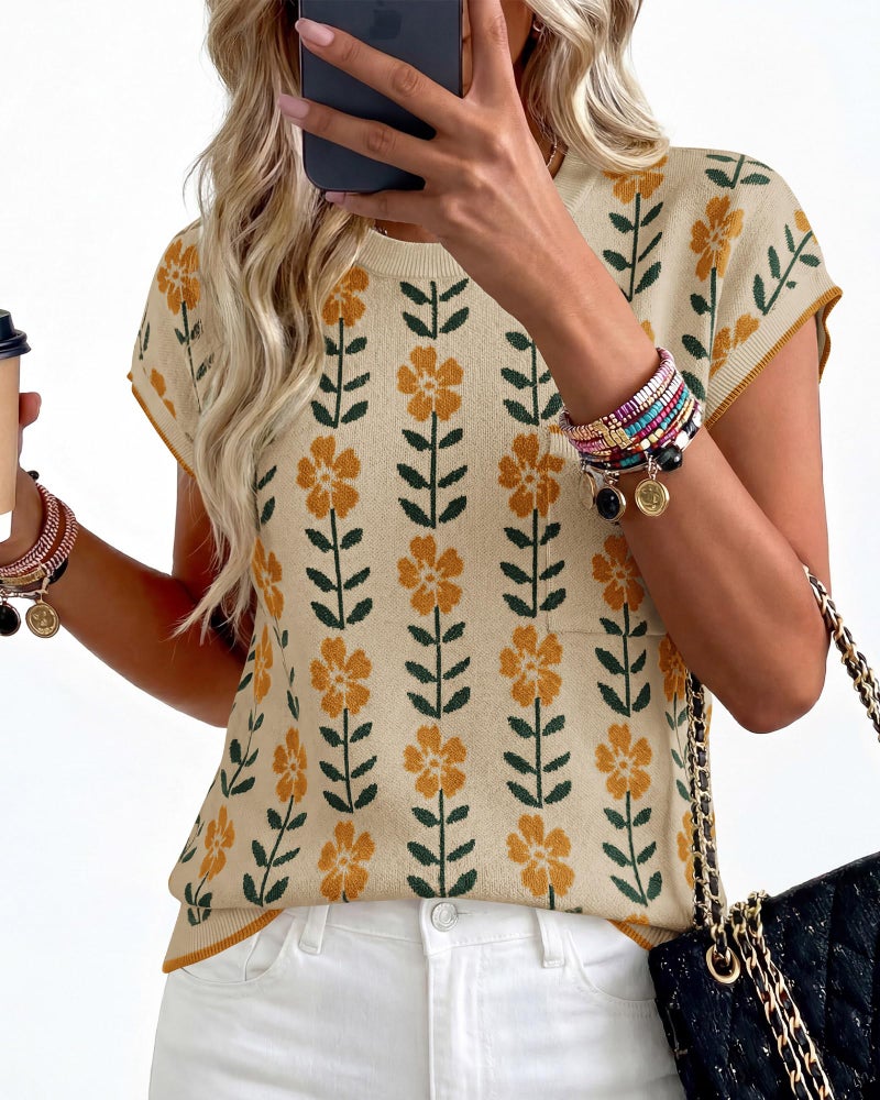 KIRUNDO Spring Summer Short Sleeve Sweater for Women 2026 Casual Sweater Vest Cotton Knit Pullover Tank Tops Fashion Clothing(Apricot Yellow Flower, Medium) - Image 3