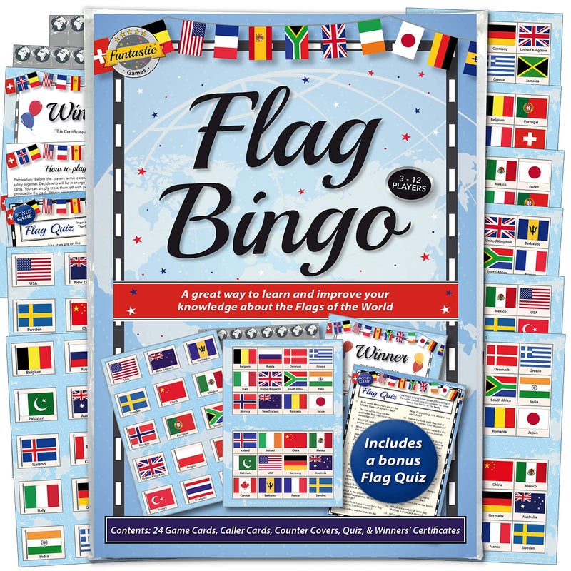 Funtastic Flags of the World Bingo & Quiz Game - For Adults & Children. A fun activity and teaching accessory for groups and families of all ages. - Image 1