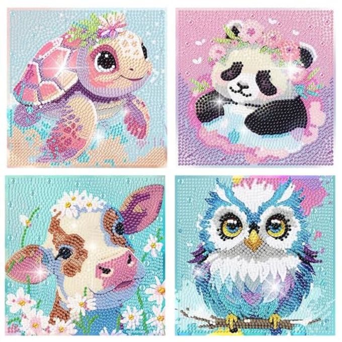 4 PACKS 5D CARTOON DIAMOND ART KITS FOR KIDS CUTE ANIMALS DIY DIAMOND ARTS MOSAIC KITS FOR ADULTS BEGINNER FULL ROUND DRILL GEM ART FOR HOME WALL DECOR KIDS PRESENT 6X6 INCH