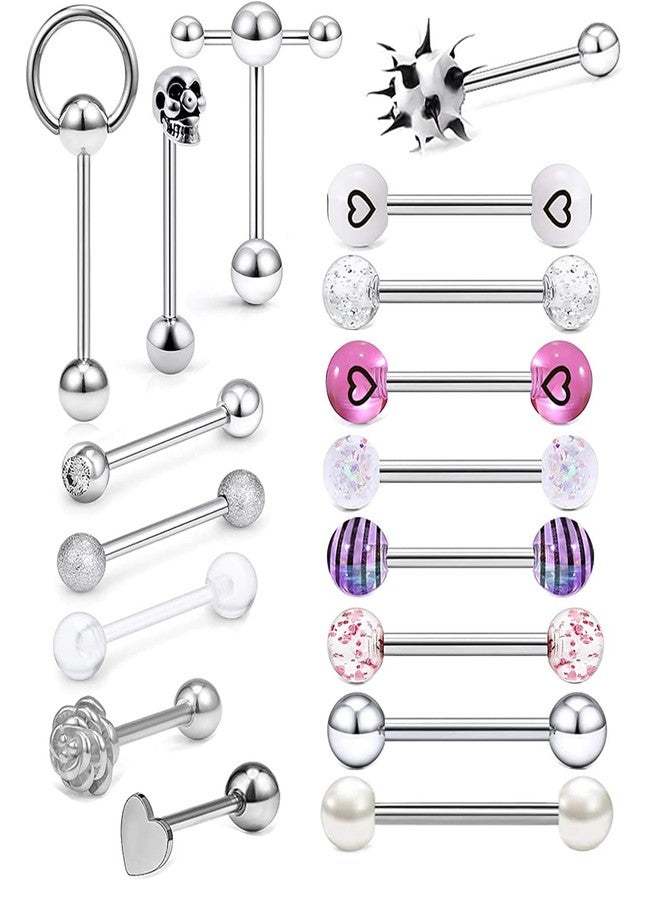 Suotarn 17-40pcs 14G Mix-Color Stainless Steel Straight Barbell Tongue Rings Bars Piercing 5/8" Length Acrylic Glow in Dark Flexible Retainer Body Jewelry for Women Men, Metal, agate - Image 1