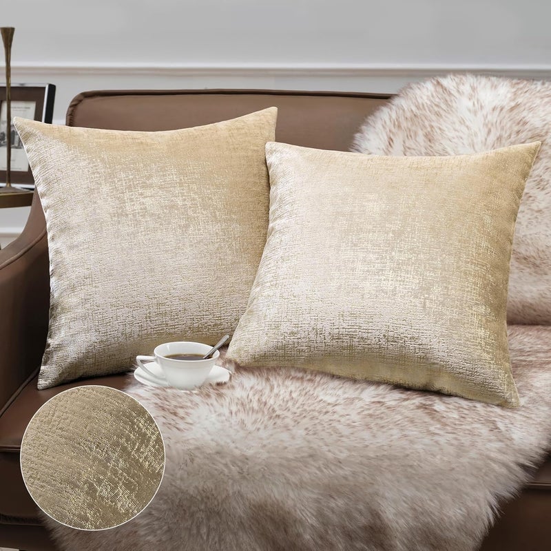 Phantoscope Pack of 2 Sparkling Velvet Decorative Solid Throw Decorative Pillow Cover Soft Gold Glitter Square Cushion Cover Pillowcase for Couch Bed and Chair, Beige, 20 x 20 inches, 50 x 50 cm - Image 1