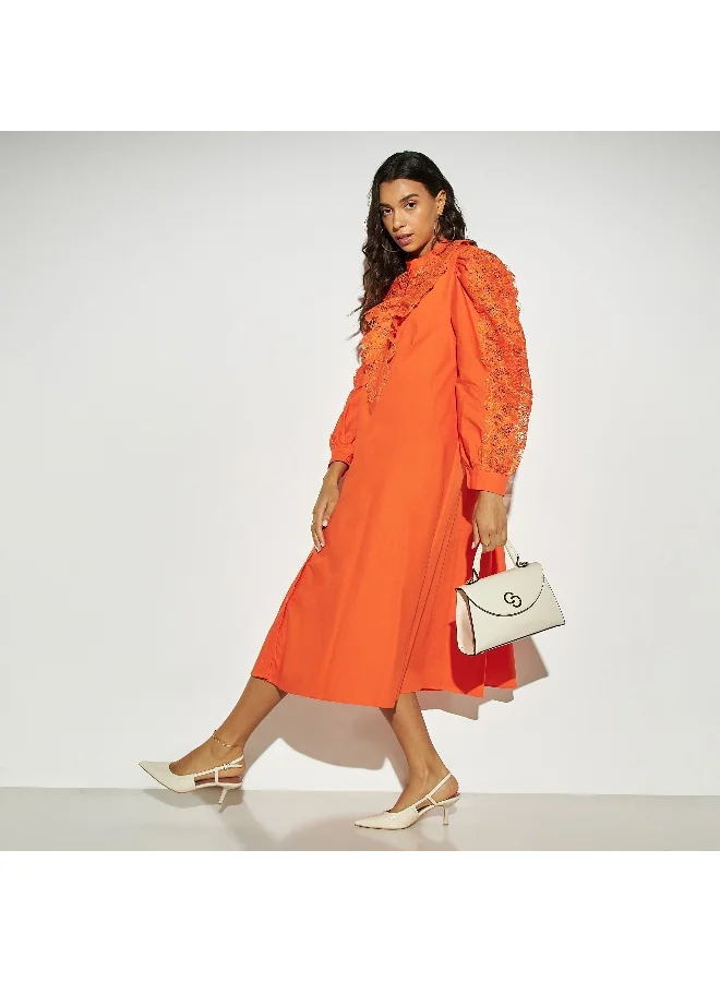 2Xtremz 2Xtremz Lace Detail Midi Shirt Dress with Band Collar and Long Sleeves