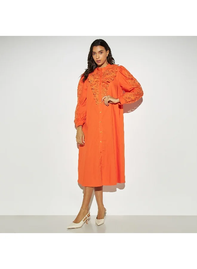 2Xtremz 2Xtremz Lace Detail Midi Shirt Dress with Band Collar and Long Sleeves
