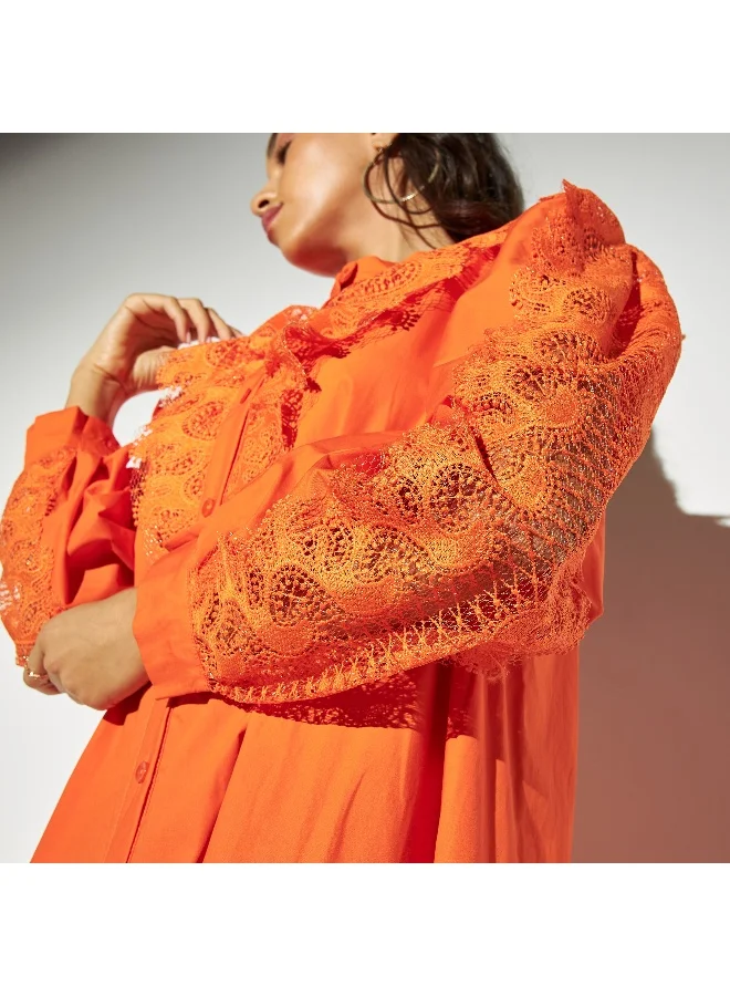 2Xtremz 2Xtremz Lace Detail Midi Shirt Dress with Band Collar and Long Sleeves