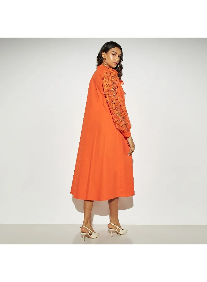 2Xtremz 2Xtremz Lace Detail Midi Shirt Dress with Band Collar and Long Sleeves