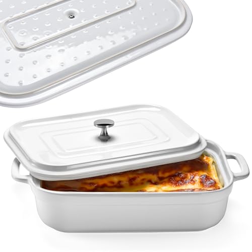 Bruntmor Stoneware Casserole With Lid - Rectangular Pan with Lid - Covered Stoneware Cookware Pans Stone Set - Freezer & Oven Safe Stone Bakeware for Baking, Lasagna, and Other Baked Dish, and Food Deep - Image 1