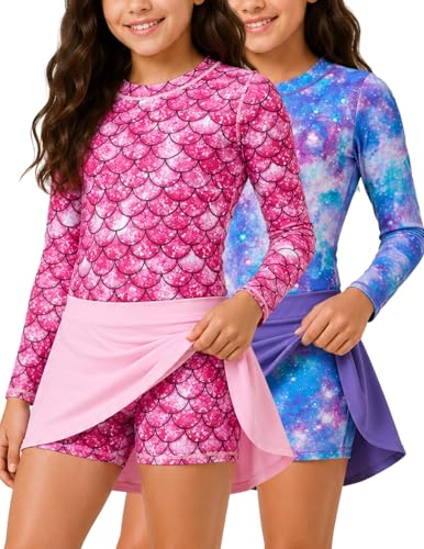 Liberty Pro Girls Two Piece Swimsuits Long Sleeve Rash Guard Set UPF 50 Bathing Suit with Swim Shorts for Toddler and Teens Set 2 78 Years - Image 1