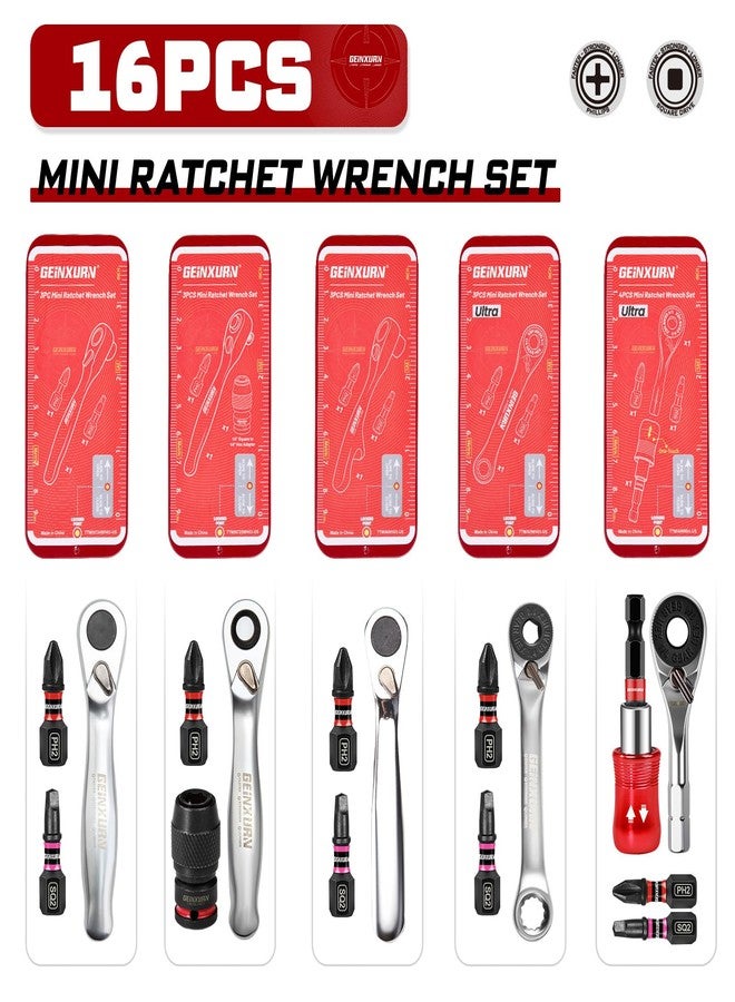 Geinxurn 16pieces Mini Ratchet Screwdriver Set, Mini 1/4 Square Wrench, Magnetic Locking Bit Holder, Quick Change Impact Adapter and Multi-Bits, Push-Pull Tin Case for DIY Projects - Image 2