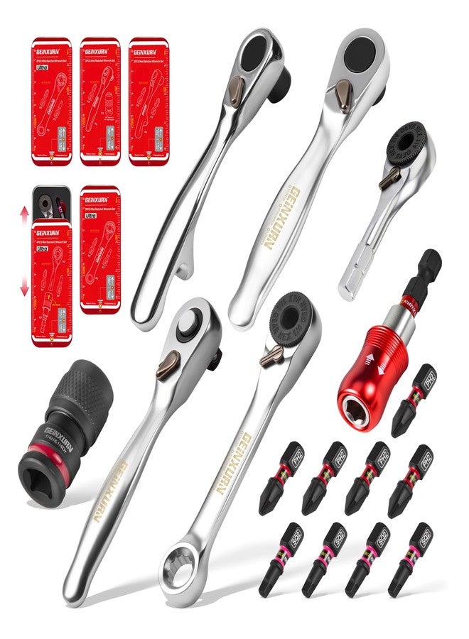 Geinxurn 16pieces Mini Ratchet Screwdriver Set, Mini 1/4 Square Wrench, Magnetic Locking Bit Holder, Quick Change Impact Adapter and Multi-Bits, Push-Pull Tin Case for DIY Projects - Image 1