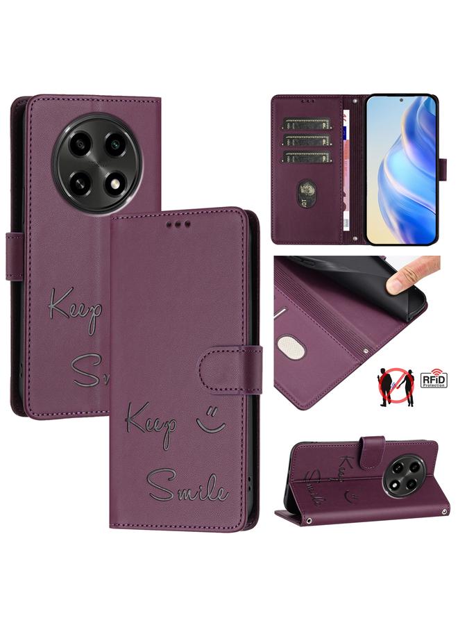 جراب هاتف جلدي بنقش ابتسامة بتقنية RFID لهاتف OPPO A2 Pro 5G (بنفسجي)