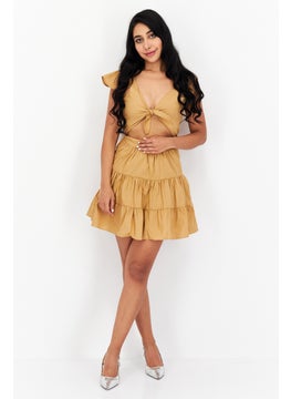 NOMAD Women Embroidered Casual Mini Dress, Tan  - Image 4