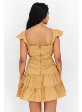 NOMAD Women Embroidered Casual Mini Dress, Tan  - Image 3