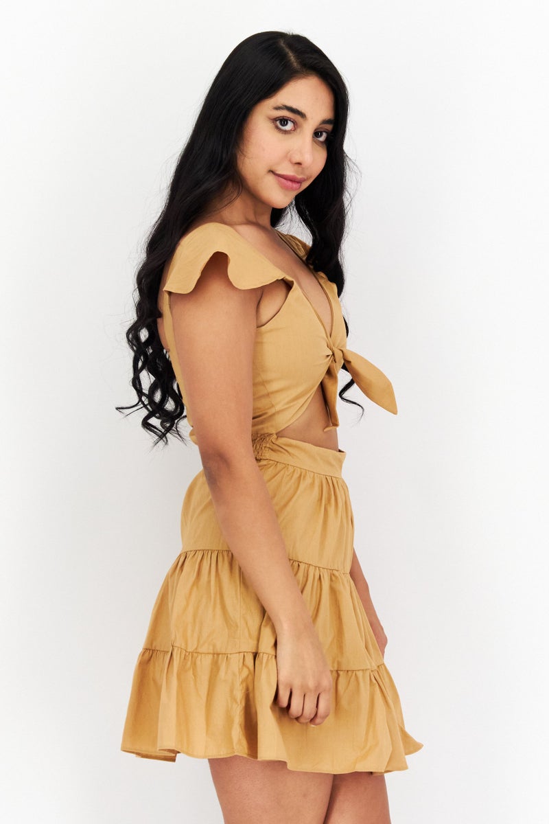 NOMAD Women Embroidered Casual Mini Dress, Tan - Image 2