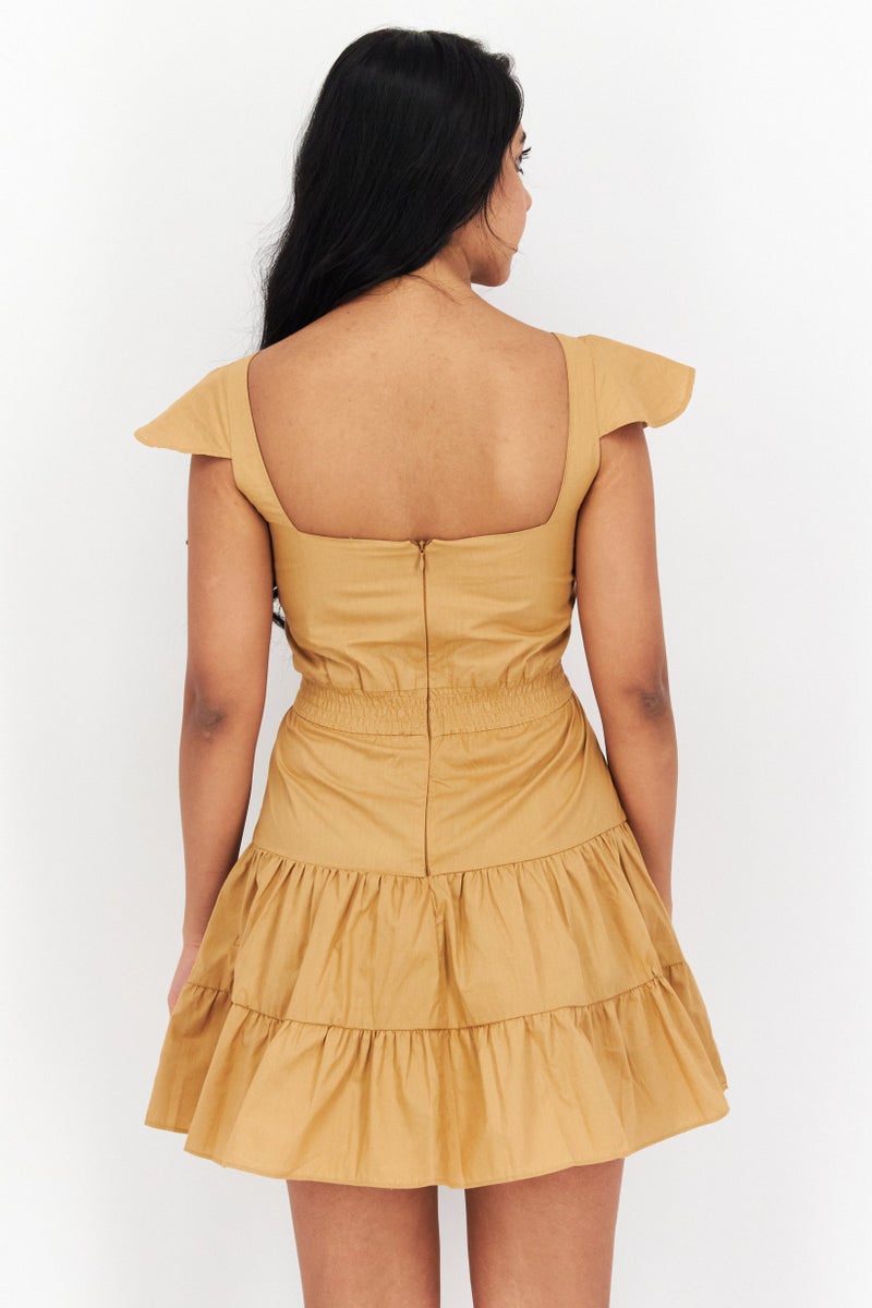 NOMAD Women Embroidered Casual Mini Dress, Tan - Image 3