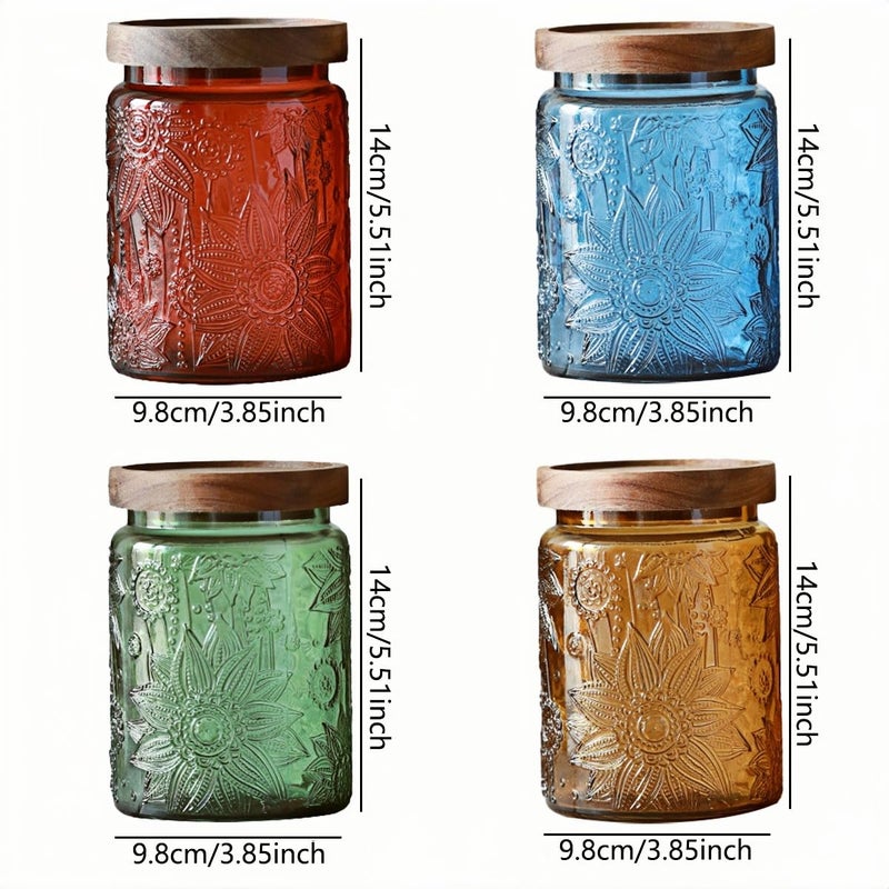 ANSQU Set of 4 Vintage Glass Storage Jars, 23.7oz Glass Coffee Canisters Decoraitve Mason Jars Sugar Containers with Airtight Wooden Lids for Kitchen Pantry, Cookie Jars (Sunflower) - Image 2