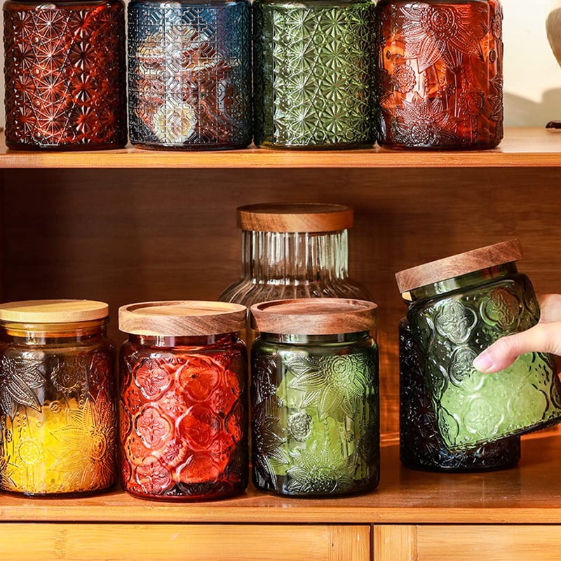 ANSQU Set of 4 Vintage Glass Storage Jars, 23.7oz Glass Coffee Canisters Decoraitve Mason Jars Sugar Containers with Airtight Wooden Lids for Kitchen Pantry, Cookie Jars (Sunflower) - Image 4